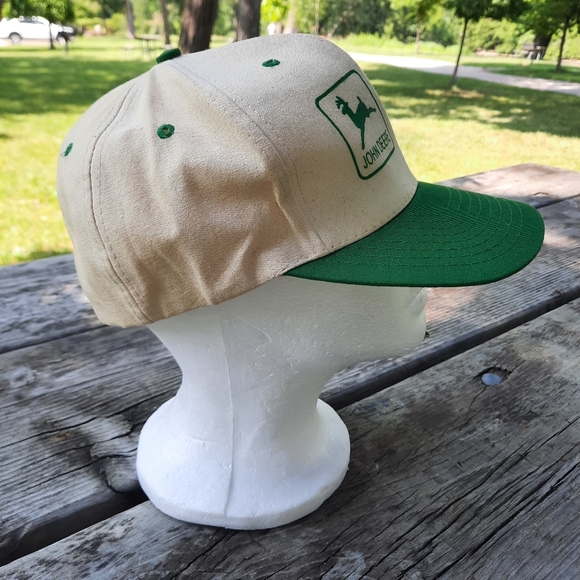 Vintage John Deere Tractor Cream Green Cotton Logo Farmer Snapback Hat OS - Picture 9 of 12